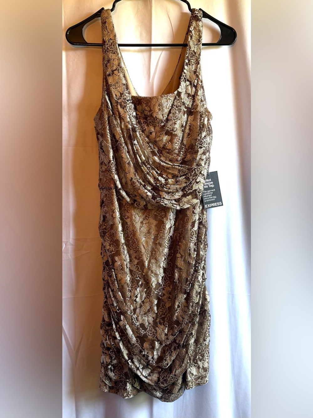 Express Metallic Gold Lace Draped Midi Dress Size 12 NWT